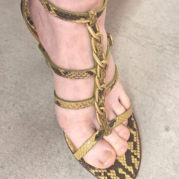 COACH | Green-ish Snake Skin Gold Ankle Strap Heels - Picture 2 of 16